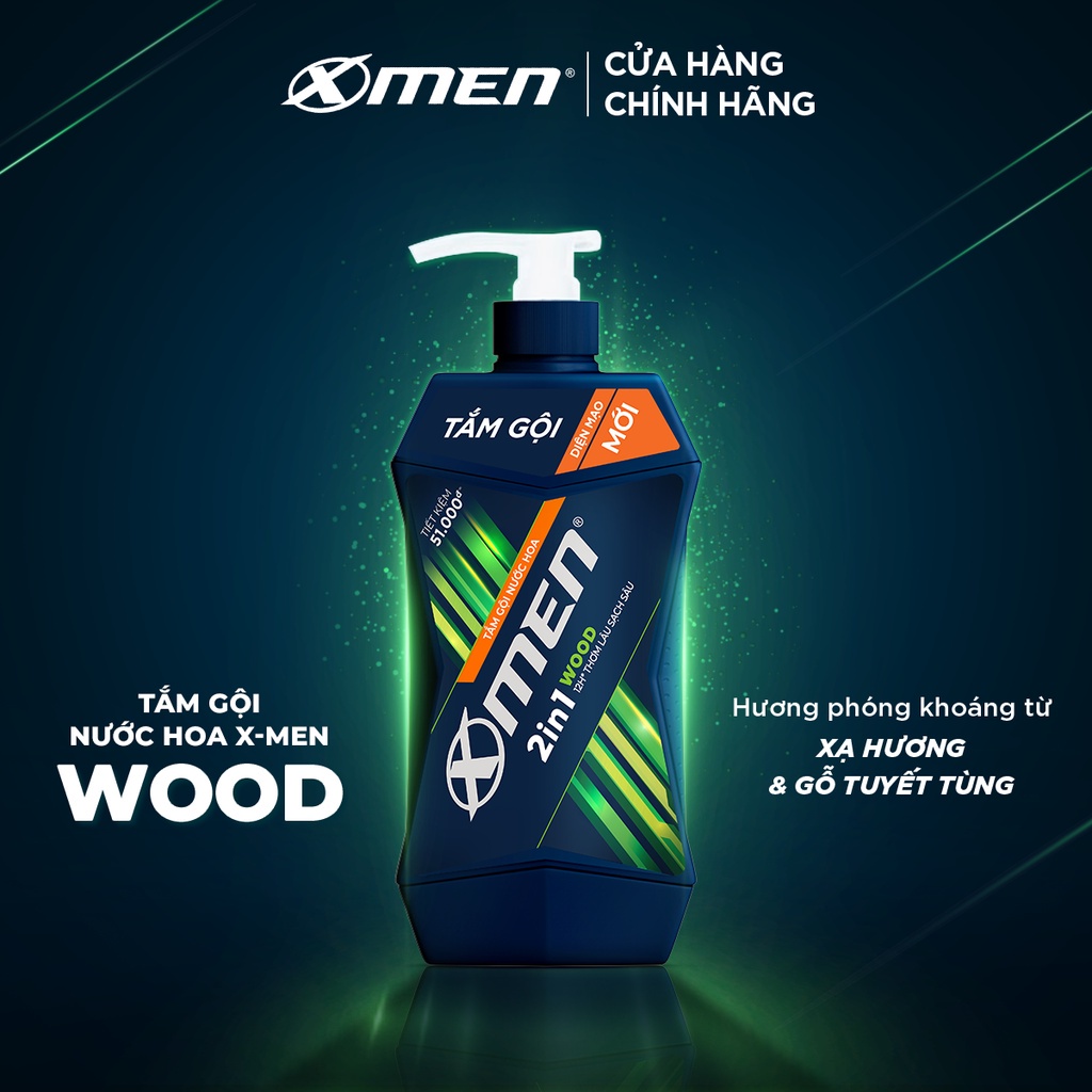 Tắm Gội Nước Hoa X-Men Wood 2in1 thơm lâu sạch sâu 900g