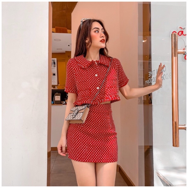 Set Áo Váy Vải Tweed Đỏ Rực Tết 2022