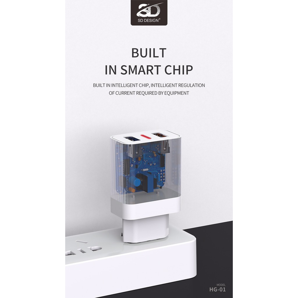 Bộ sạc cáp SD HG01 sạc 2.4A, 2 cổng USB, dây dài 1m