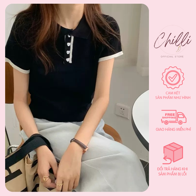 Áo polo len nữ cổ sen viền màu khuy trái tim P552