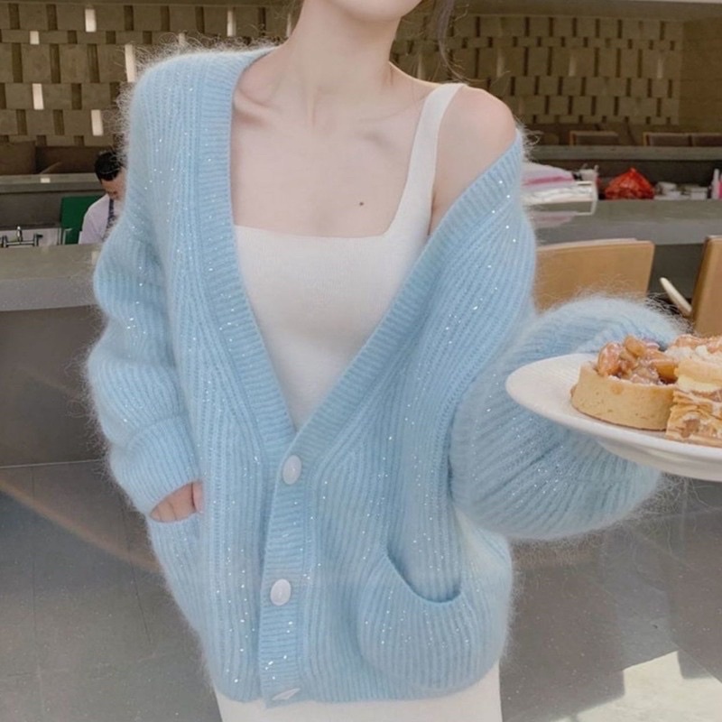 Áo khoác cardigan diệt kim len mohair lụa Hàn Quốc Thu Đông