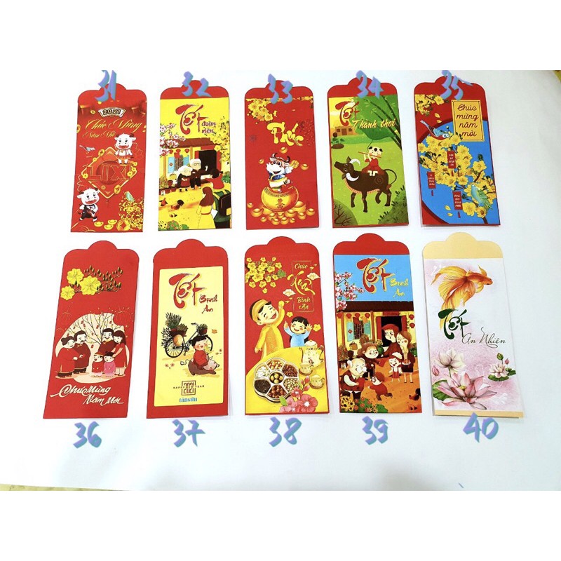 COMBO 10 bao lì xì Tết có kèm túi bóng kính - Hàng đẹp siêu dày dặn - Họa tiết ngẫu nhiên