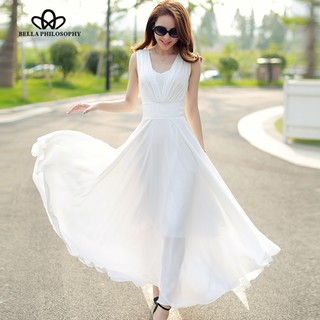 Đầm maxi sát nách màu trắng thời trang đi biển cho nữ