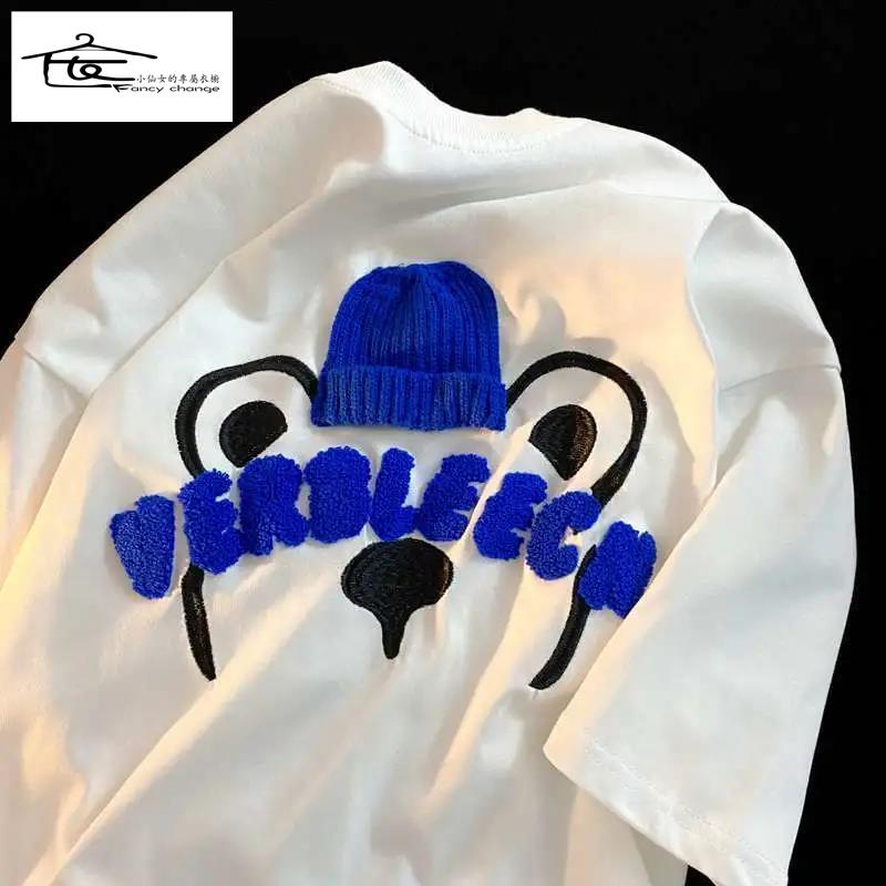 Áo Thun Ngắn Tay Dáng Rộng Thêu Hình Gấu Kiểu Hàn Quốc Thời Trang Mùa Hè Cho Các Cặp Đôi