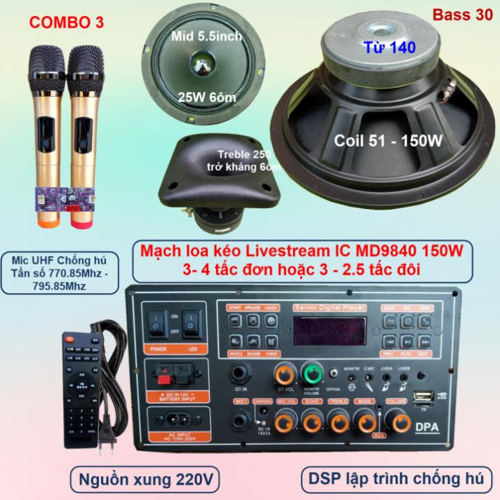 Mạch loa kéo 3 tấc đơn 3 đường tiếng LIVESTREAM DSP lập trình chống hú IC MD9840 150W có nguồn xung