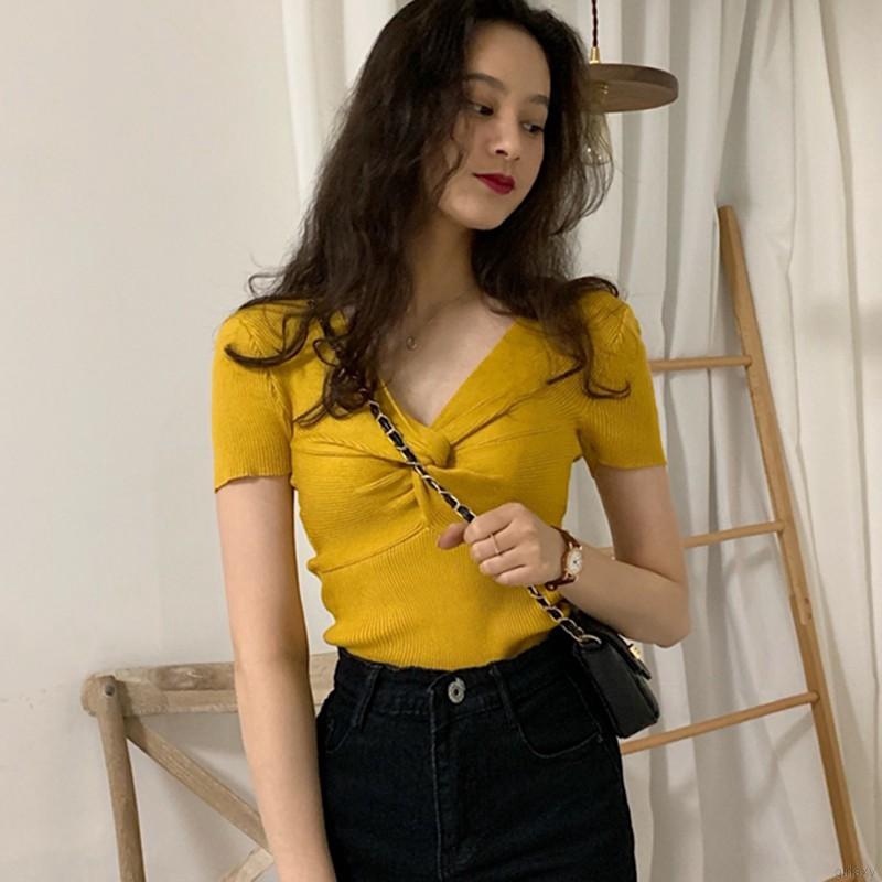 Áo Thun Dệt Kim Tay Ngắn Cổ Chữ V Màu Trơn Phong Cách Hàn Quốc