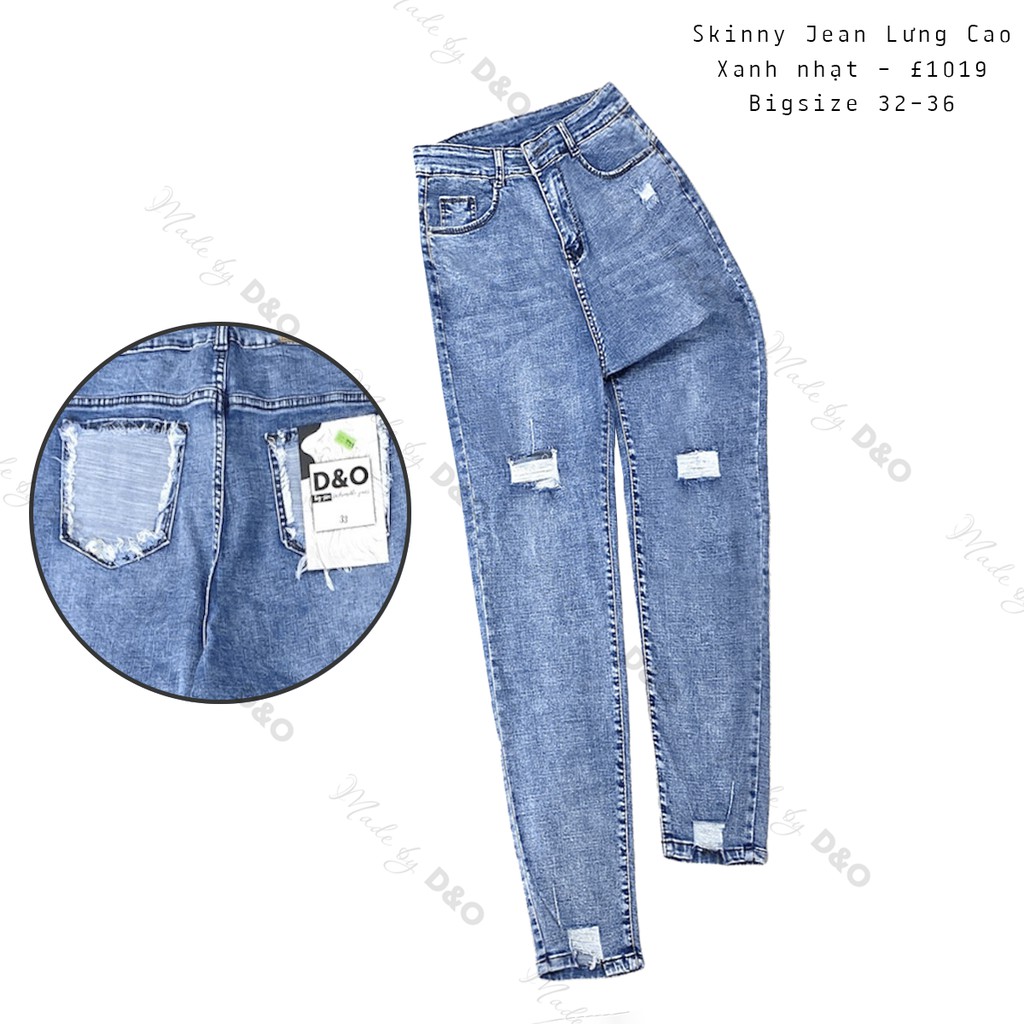 [Bigsize 58-90kg] Quần Skinny Jeans Xanh Nhạt, Rách Thời Trang 1019, Lưng Siêu Cao, Co Giãn Mạnh