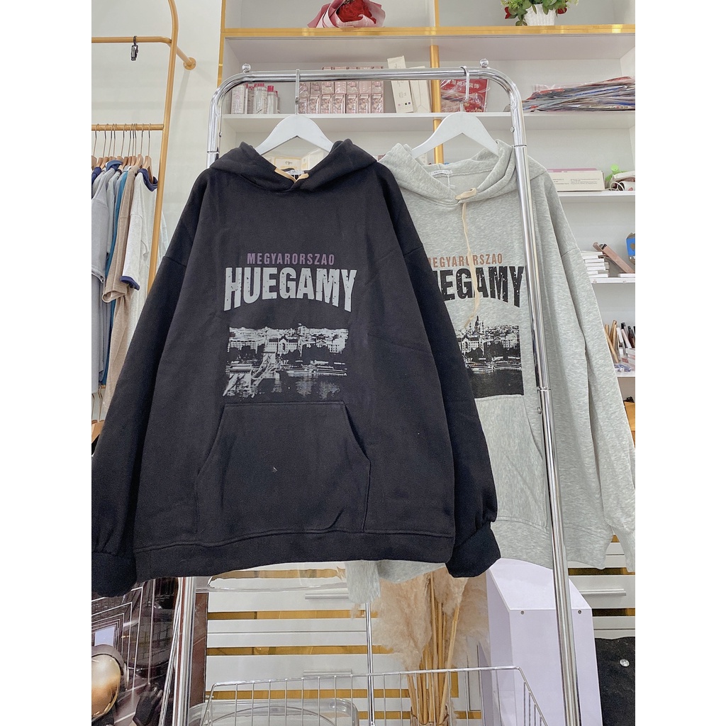 Hoodie Dáng Rộng Mũ 2 Lớp Tay Bồng Nam Nữ Unisex Chữ Huegamy Uzzlang