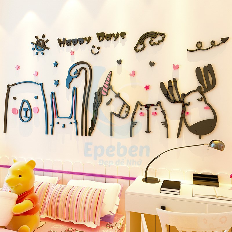 Tranh dán tường mica 3d decor khổ lớn happy days trang trí mầm non, phòng cho bé Nhiều Size - EPeBen