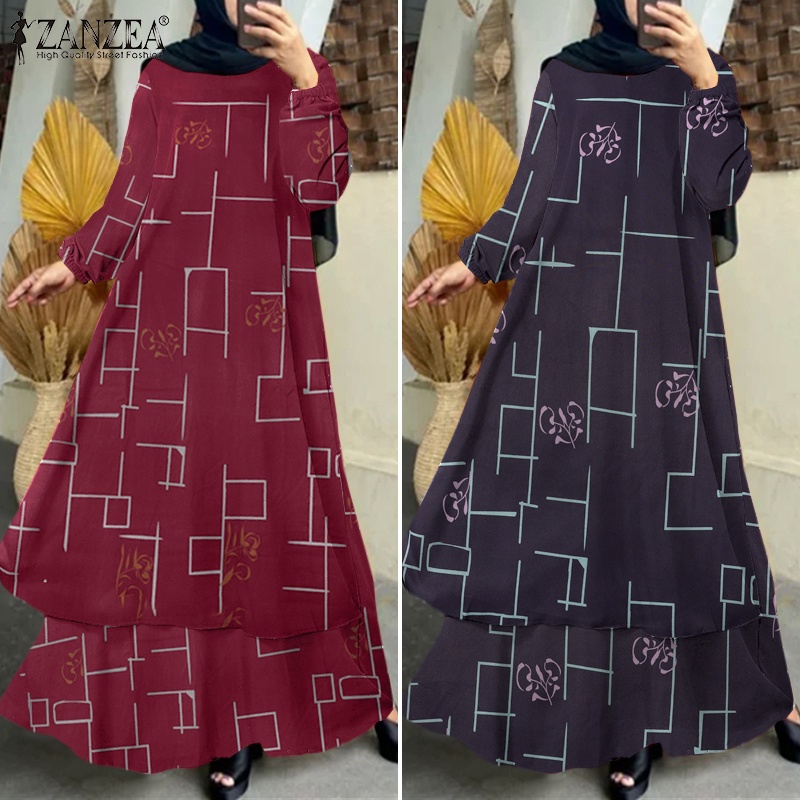 Zanzea Đầm Dài Hai Lớp Tay Phồng In Họa Tiết Thời Trang Cho Nữ