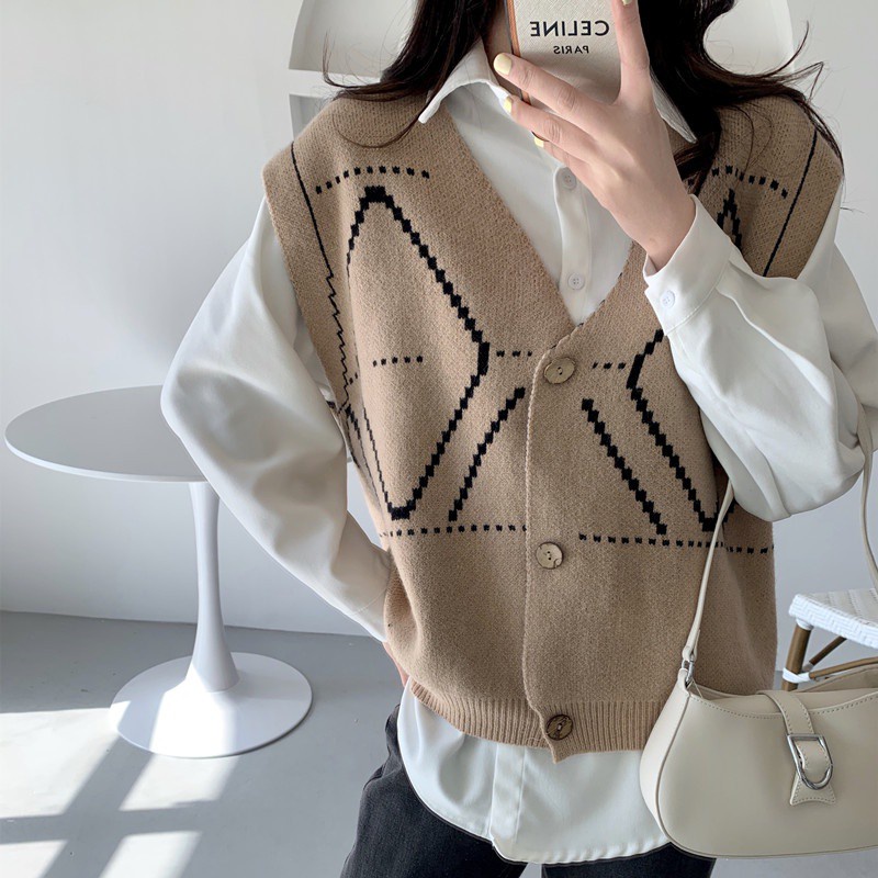 Đen Áo Khoác Len Cardigan Không Tay Đính Khuy Đơn Giản Trẻ Trung Cho Bạn Gái