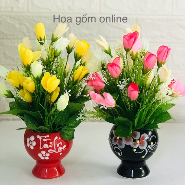 Chậu hoa cắm sẵn - chậu hoa tulip vải cắm sẵn