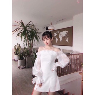 🔥< Kèm ảnh Thật>Đầm Dự Tiệc Bẹt Vai Tay Phồng Thắt Nơ