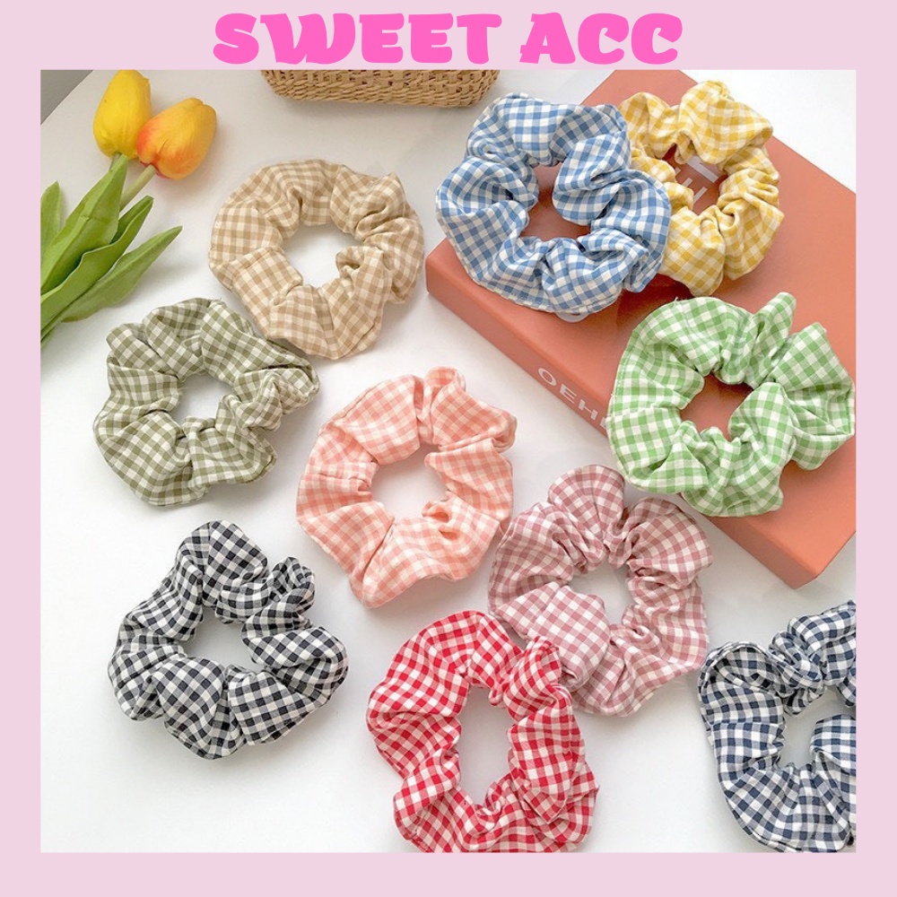 Dây buộc tóc scrunchies caro phong cách dễ thương giá rẻ