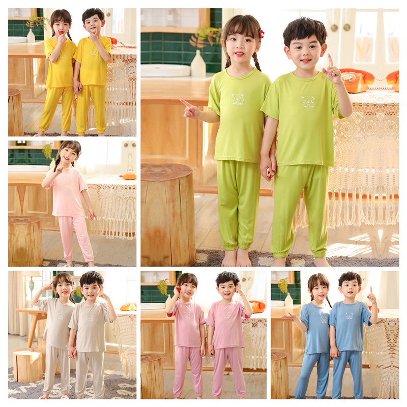 Bộ Áo Thun Tay Ngắn + Quần Dài Màu Trơn Bằng Cotton 100-150cm Thời Trang Mùa Hè Cho Bé