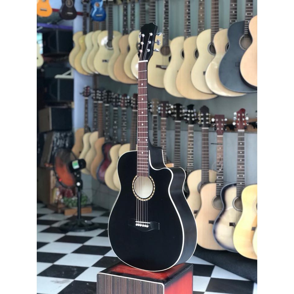 Đàn guitar acoustic màu đen có ty chống cong cần STDTY85