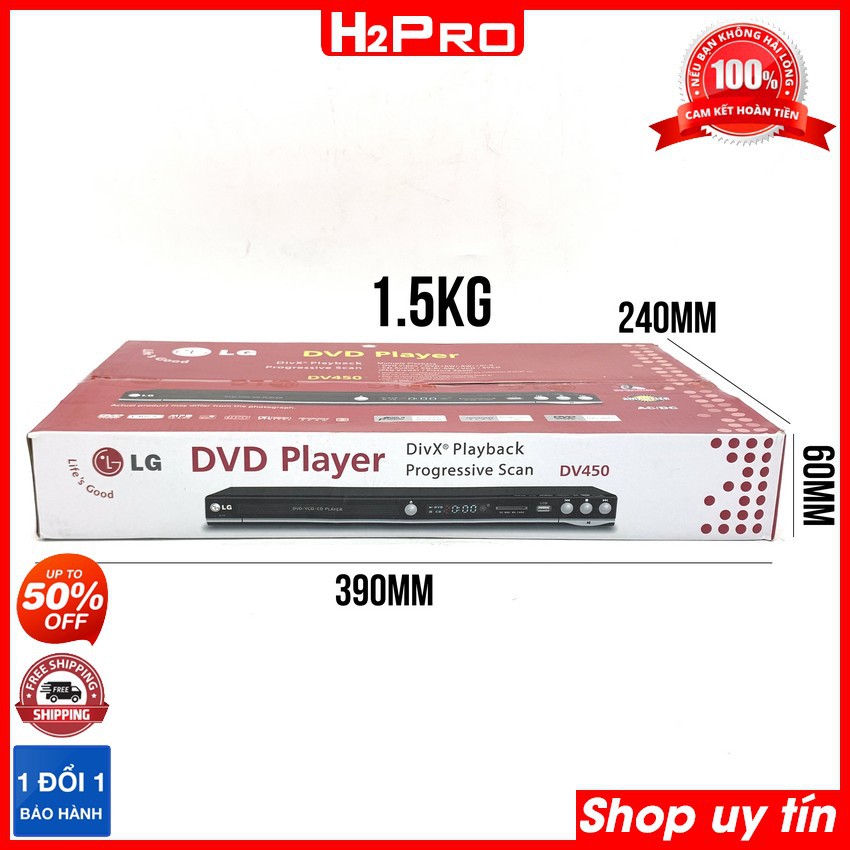 Đầu đĩa DVD Karaoke LG DV450 2021 H2Pro, USB-Thẻ nhớ, tích hợp loa. đầu dvd tích hợp amply lắp thêm loa (tặng quà)