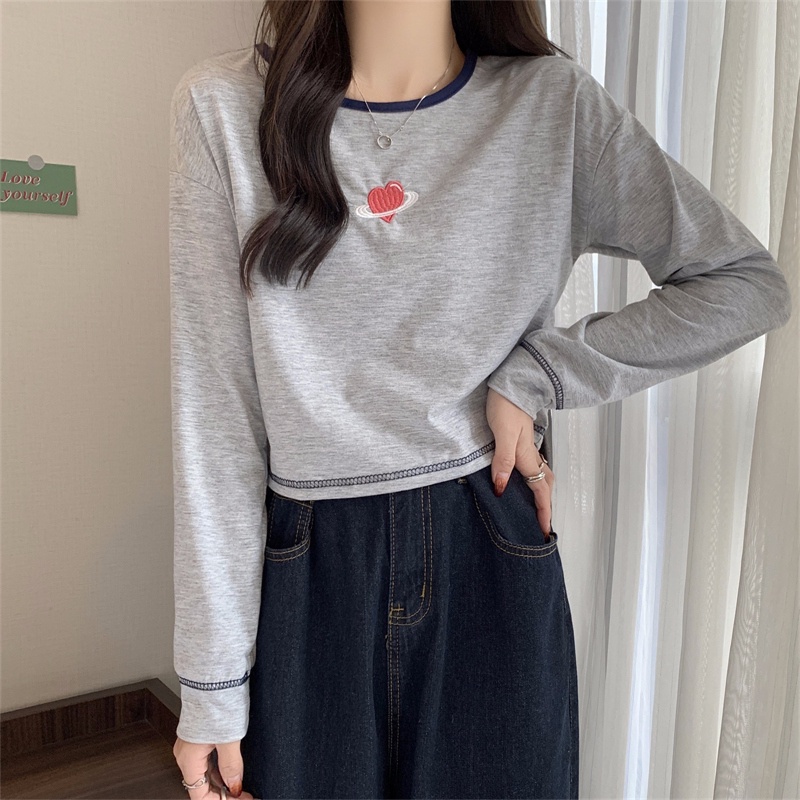 【ZHELIHANGFEI】Áo Thun Tay Dài Lưng Cao Họa Tiết Thêu Theo Phong Cách Preppy