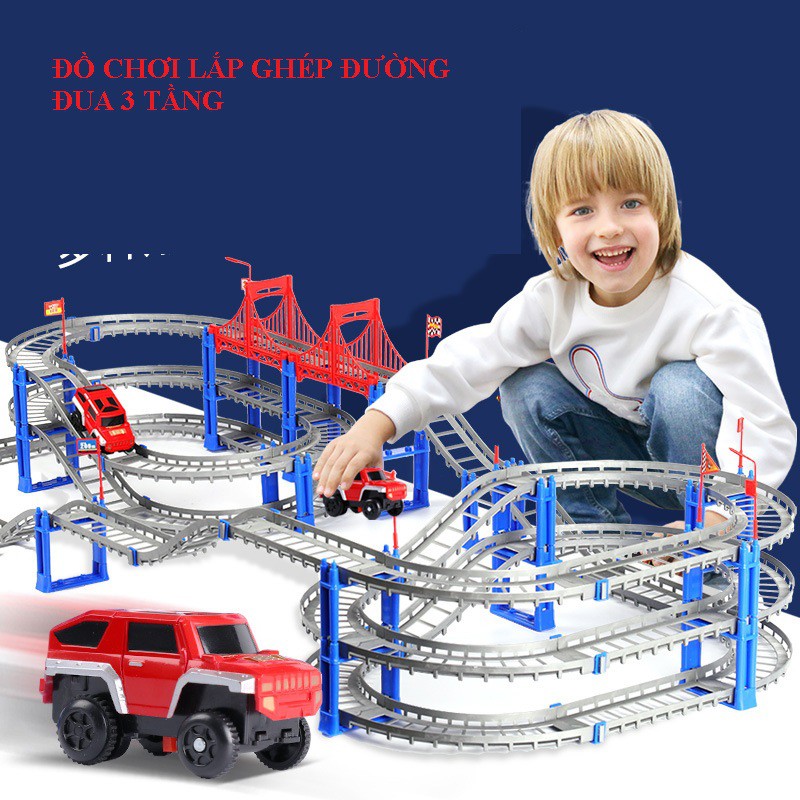 ĐỒ CHƠI TRẺ EM BỘ ĐỒ CHƠI LẮP GHÉP ĐƯỜNG RAY Ô TÔ VÀ TÀU LƯỢN 3 TÂNG