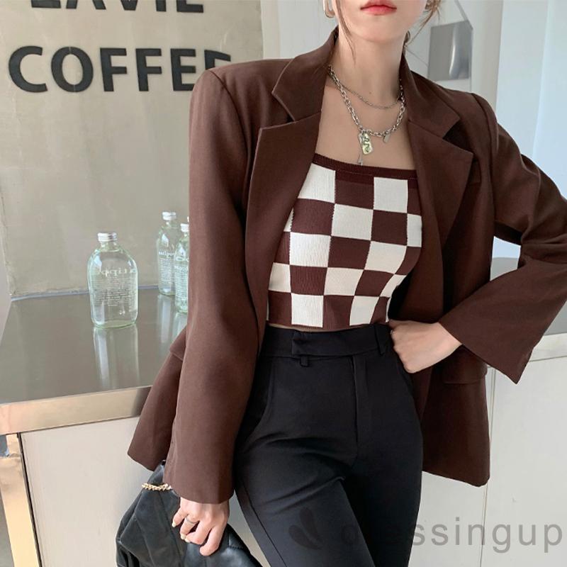 Áo lửng hai dây họa tiết ca rô đen/nâu thiết kế thời trang cho nữ