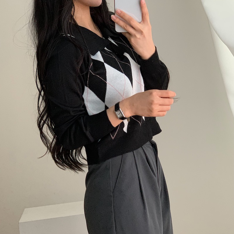Xiaozhainv Áo thun polo tay dài họa tiết kẻ ô kim cương vintage thời trang dành cho nữ