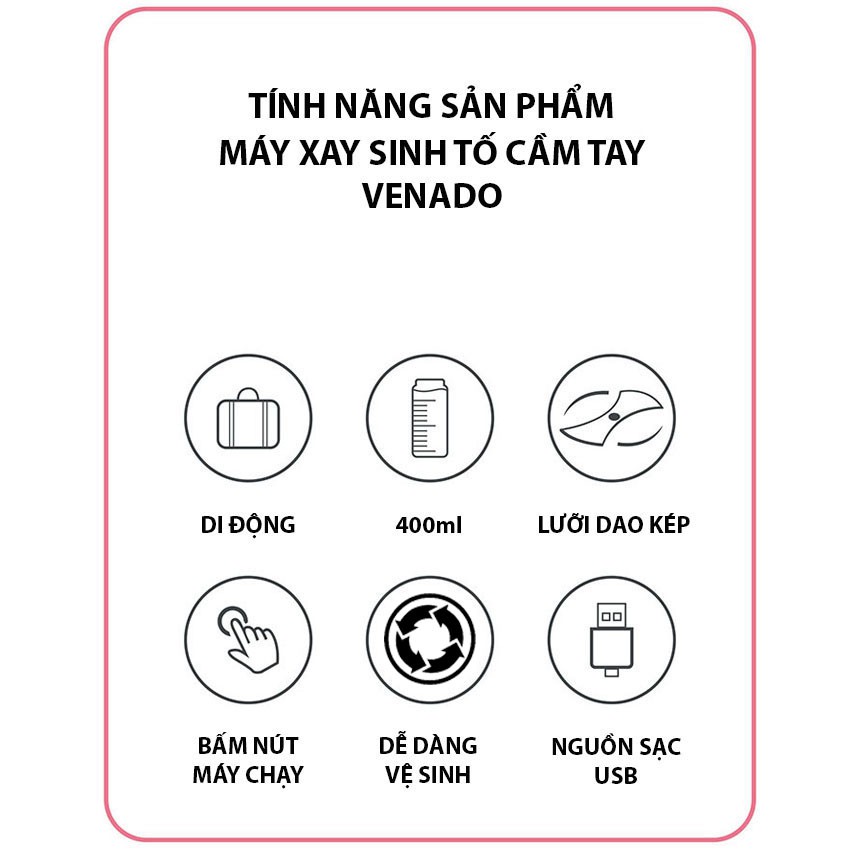 Máy xay sinh tố cầm tay nhỏ gọn bỏ túi pin 2000 mAh Venado