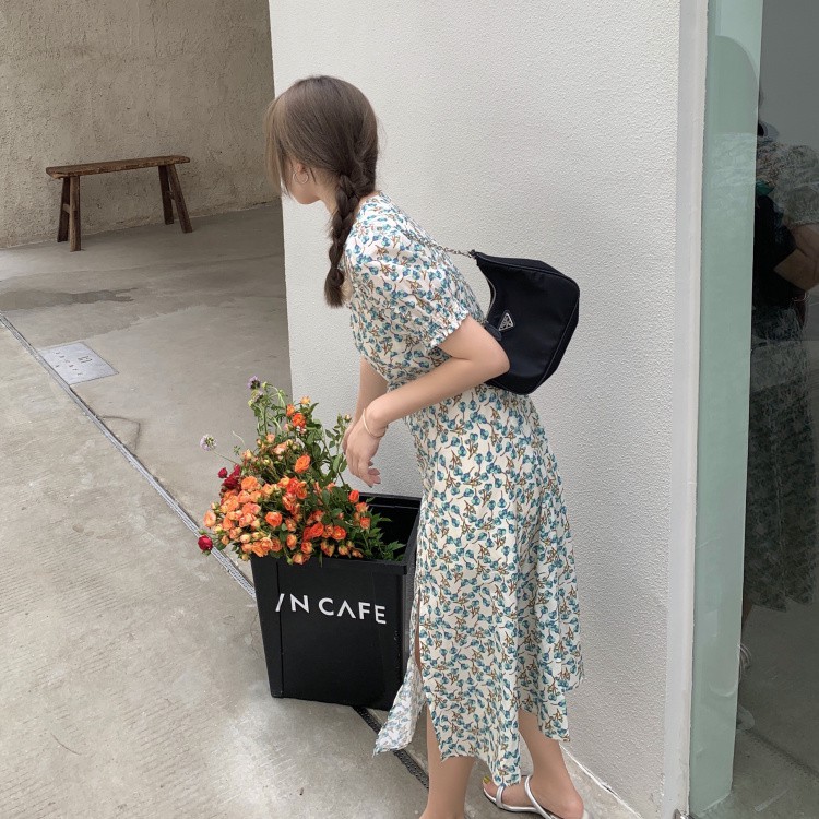 Xiaozhainv Đầm Tay Ngắn Cổ Vuông Họa Tiết Hoa/Màu Trơn Xinh Xắn Thời Trang Phong Cách Cổ Điển | BigBuy360 - bigbuy360.vn