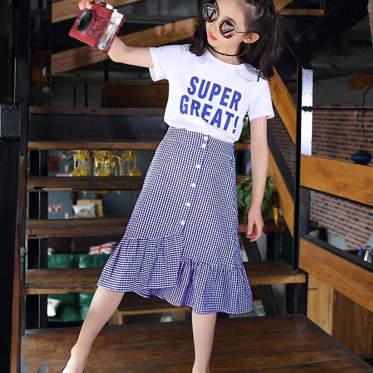 Set áo thun in chữ + chân váy caro cho bé gái 3-14 tuổi 110-160cm