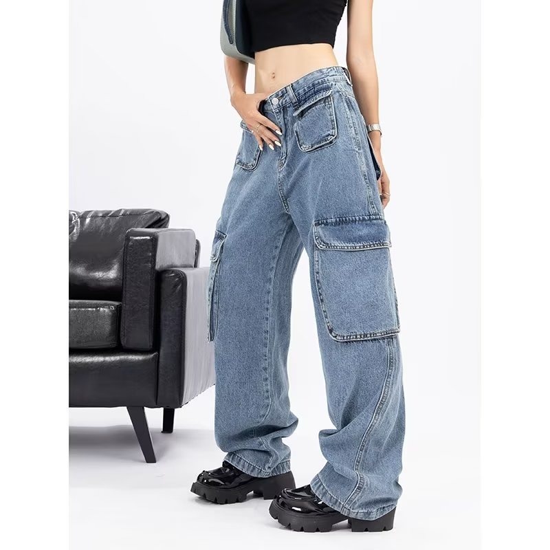 Daduhey Quần jean ống rộng phối nhiều túi phong cách đường phố retro Mỹ thời trang cho nữ