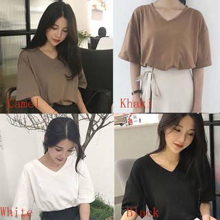 Áo thun tay ngắn cổ chữ V kiểu dáng đơn giản hợp thời trang cho nữ