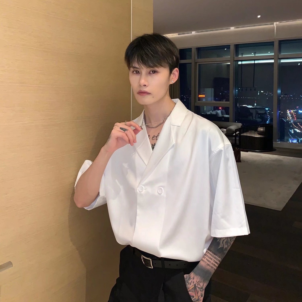 Áo Sơ Mi Tay Ngắn Vải Satin Thời Trang Mùa Hè Phong Cách Hàn Quốc Cho Nam