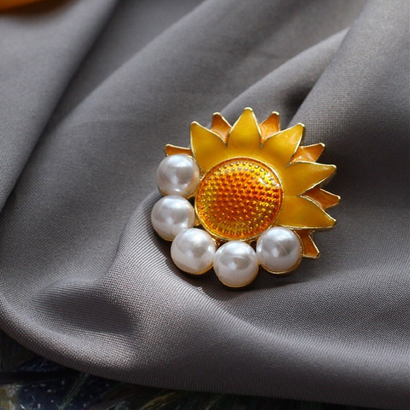 Trâm Cài Áo Hình Tranh Sơn Dầu Hoa Hướng Dương Đính Ngọc Trai Giả Tráng Men Phong Cách Van Gogh