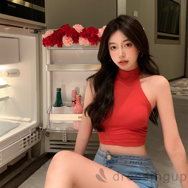 Áo Croptop Không Tay Màu Trơn Dáng Ôm Cột Nơ Sau Lưng Cho Nữ