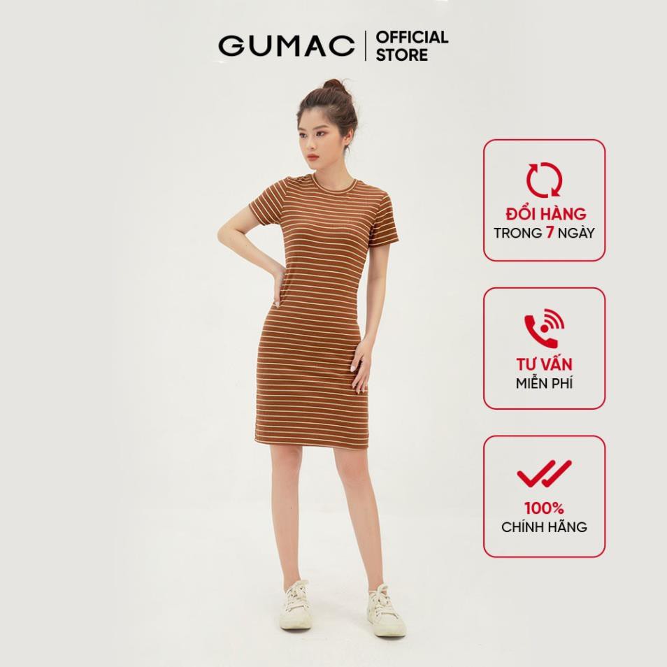 Đầm thun nữ ôm body GUMAC chất liệu sọc ngang, tay ngắn sexy DB303  ྆