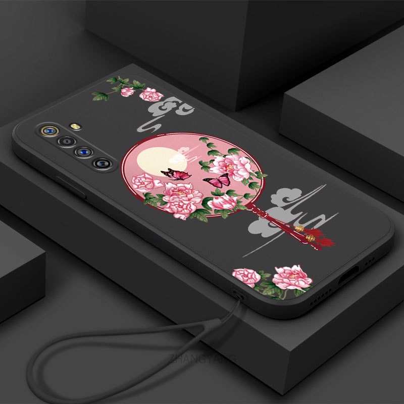 Ốp Điện Thoại Silicon Mềm Họa Tiết Hoa Mẫu Đơn Có Dây Đeo Cho Realme 6 Realme 6 pro