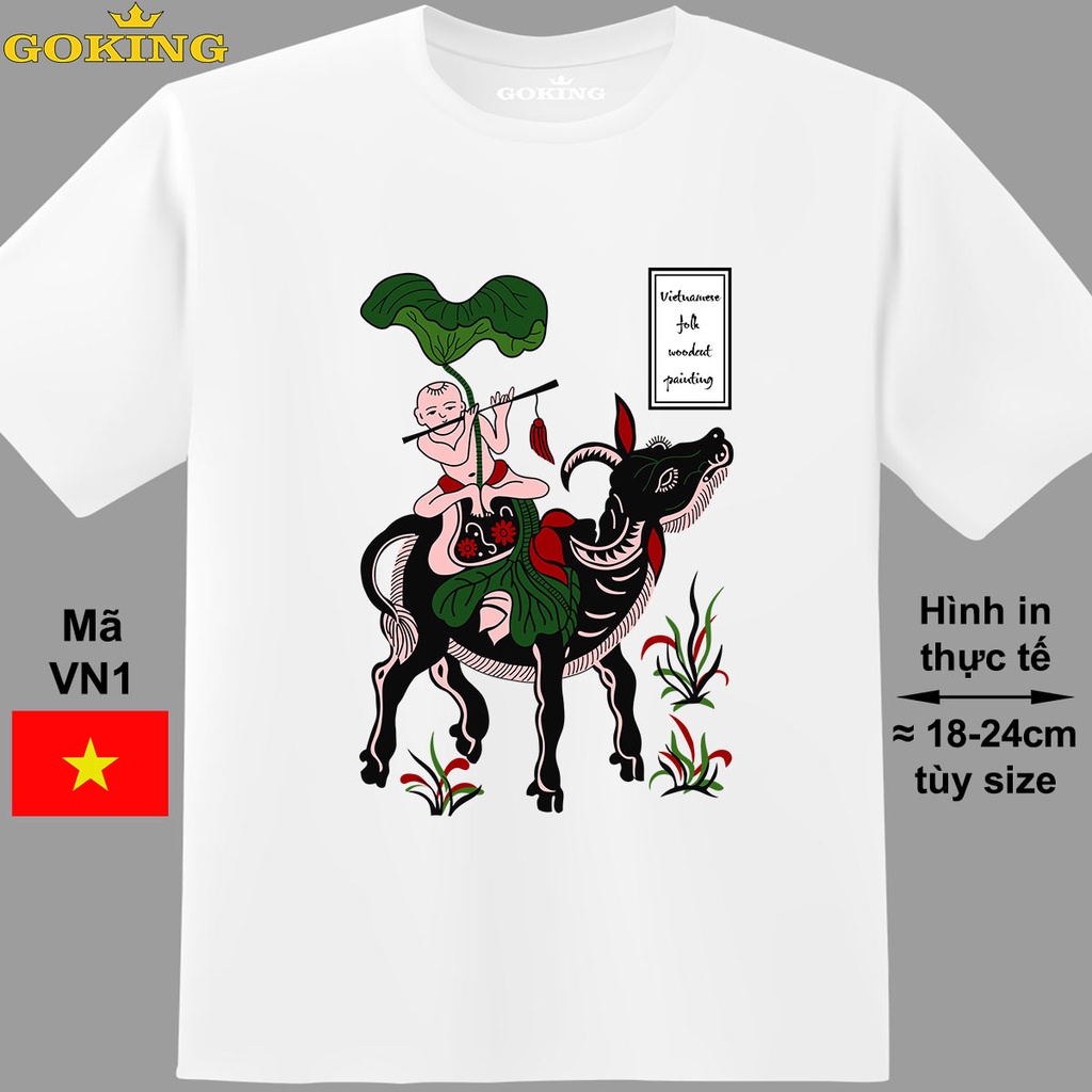 Chăn trâu thổi sáo, mã VN1. Áo thun tranh Đông Hồ Việt Nam. Áo phông GOKING form unisex cho nam nữ, đội nhóm, trường lớp