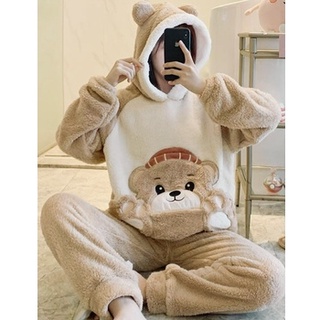 Bộ ngủ mặc nhà mùa thu và mùa đông dài tay cổ tròn đào gấu dễ thương ấm áp quần áo mặc nhà ấm áp kèm mũ xinh.