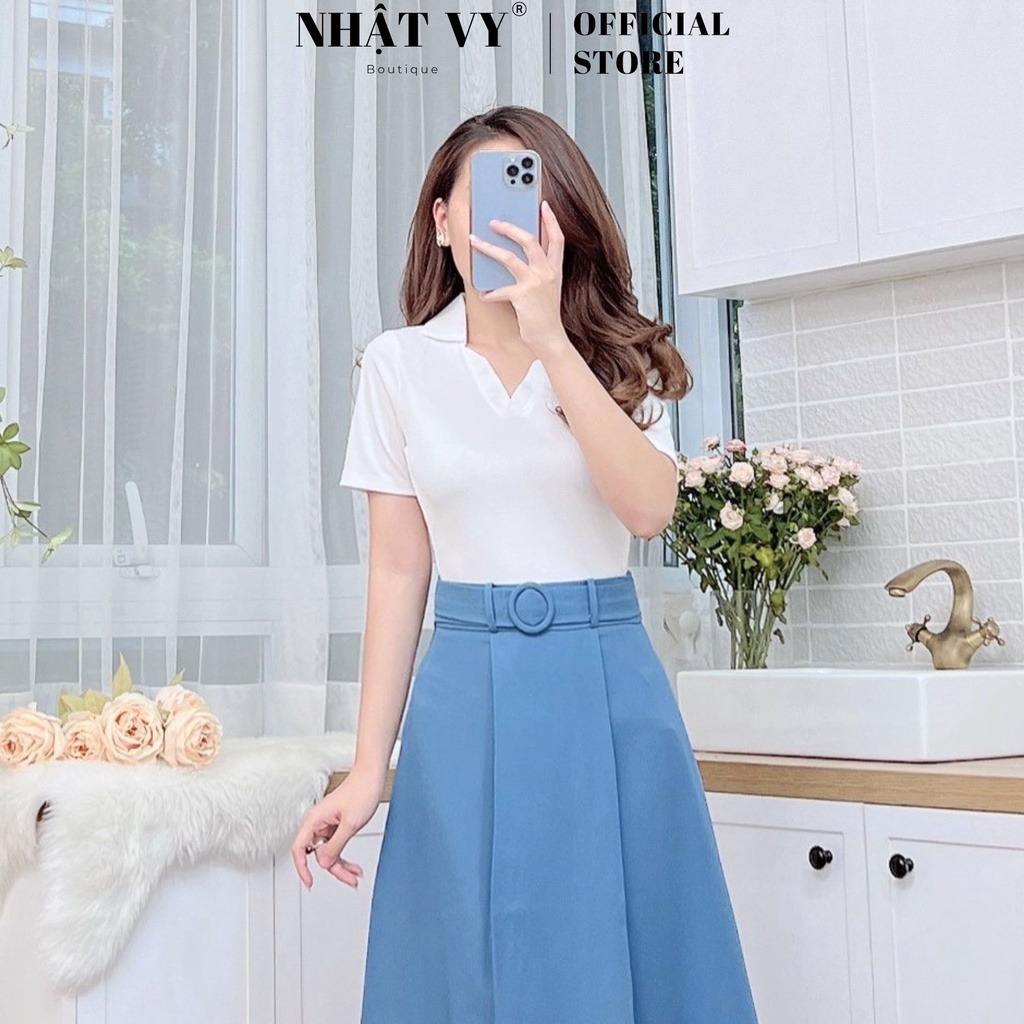 Áo Nữ NHẬT VY Đi Chơi Cổ V Phối Trắng Dáng Ôm Chất Thun Sọc Tăm Màu Đen,Trắng,Nude,Xanh Dương,Rêu,Bơ,Hồng,Vàng - D2490
