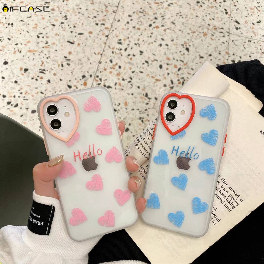 iPhone 12 11 Pro Max XS Max XR XS X 7 8 Plus Phone Case Love Loving Heart Camera Lens Hole Transparent Clear Cute Blue Pink Simple Soft TPU Casing Case Cover