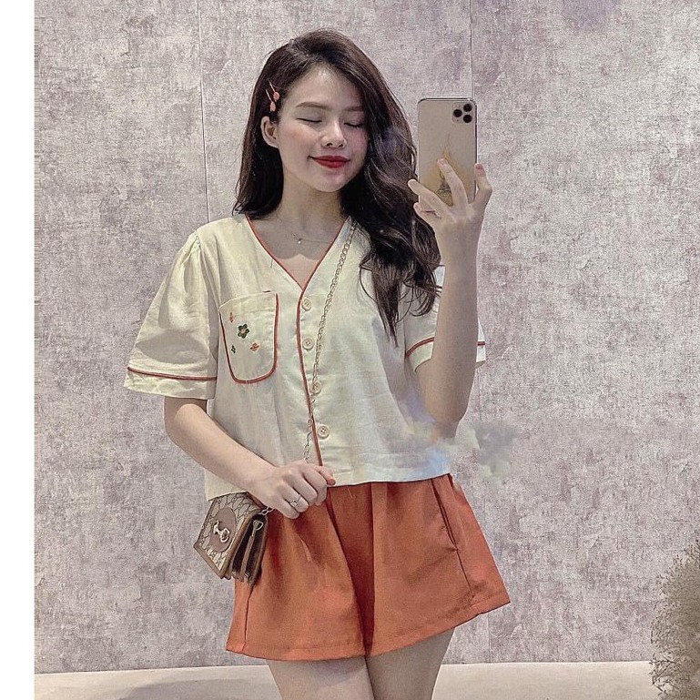 Set Bộ Đũi Tơ Cổ Vuông Thêu Hoa Cam Siêu Xinh | BigBuy360 - bigbuy360.vn