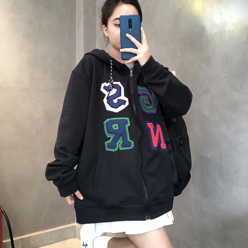 Áo Khoác nỉ zip thêu chữ GSNR 2 màu form rộng unisex nam nữ