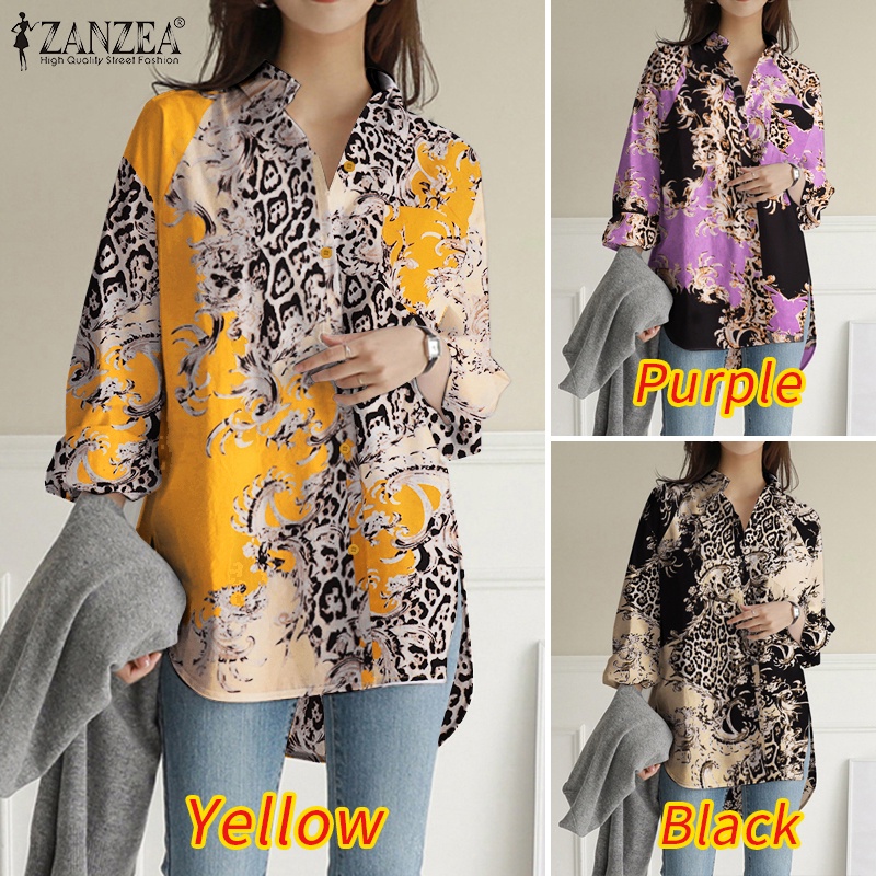 Áo sơ mi ZANZEA tay dài họa tiết da báo thời trang dành cho nữ