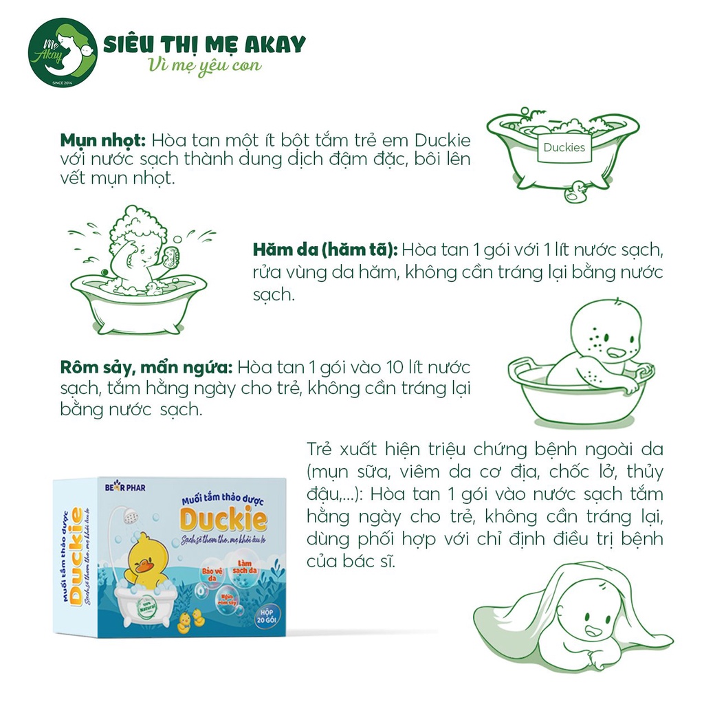 Muối tắm bé thảo dược Duckie - Bé sạch sẽ thơm tho, mẹ khỏi âu lo làm sạch hộp 20 gói - Mẹ Akay