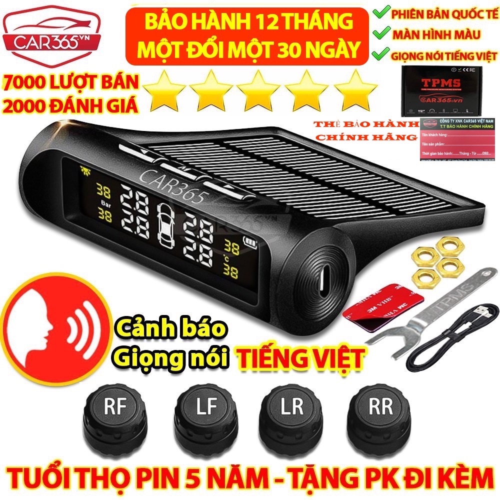 Cảm biến áp suất lốp ô tô xe hơi gắn ngoài cao cấp Car365, Pin sạc năng lượng mặt trời, màn hình LCD, tuổi thọ pin 5 năm