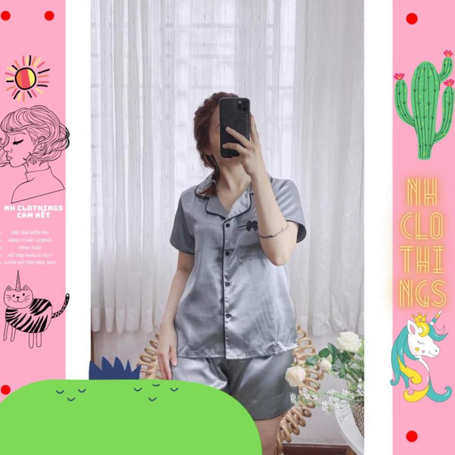 Bộ đồ ngủ, đồ bộ pijama lụa nữ mặc nhà áo nơ tay ngắn quần ngắn chất liệu phi lụa free Size  NH CLOTHINGS