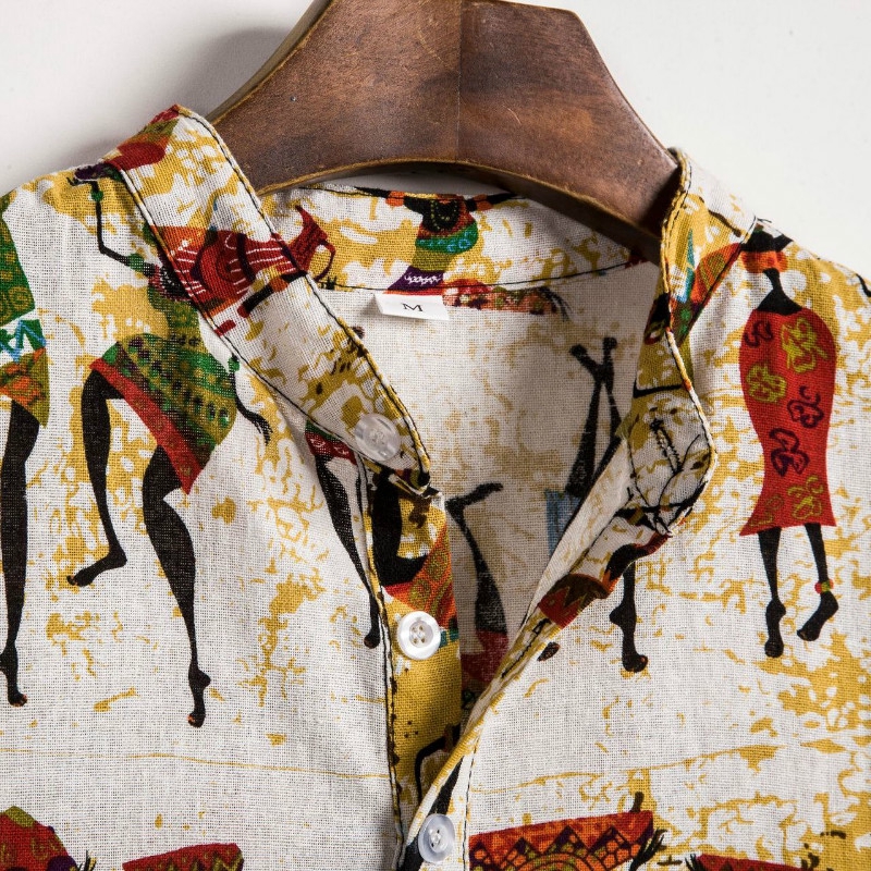 African National Style Dark Flower Series Linen Stand Collar Short Sleeve Shirt | BigBuy360 - bigbuy360.vn