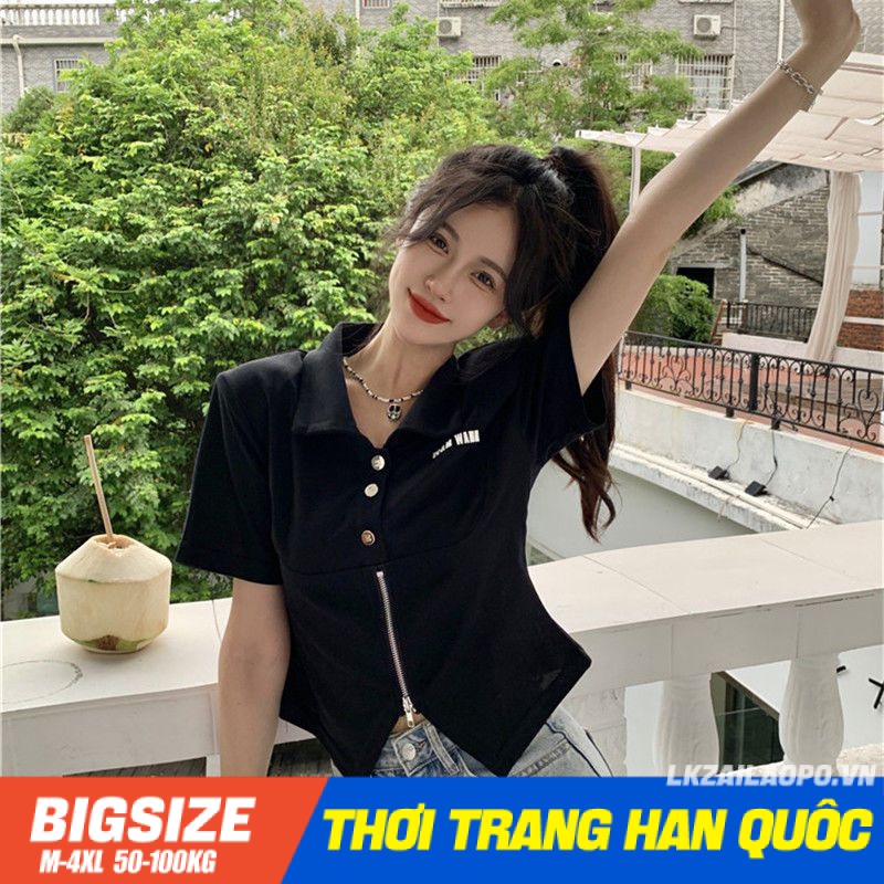 Áo thun polo Bigsize Áo croptop nữ form rộng tay ngắn có cổ đen thiết kế khoá kéo mùa hè Phong cách Hàn Quốc Thời Trang cá tính xinh đẹp cho người mập béo nữ