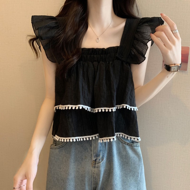 Chiffon Halter Off Shoulder O-neck Tank Tops Sleeveless T-shirt Áo Sơ Mi Tay Ngắn Cổ Vuông Phong Cách Pháp Thời Trang Mùa Hè Xinh Xắn Cho Nữ shoulder strap Vest