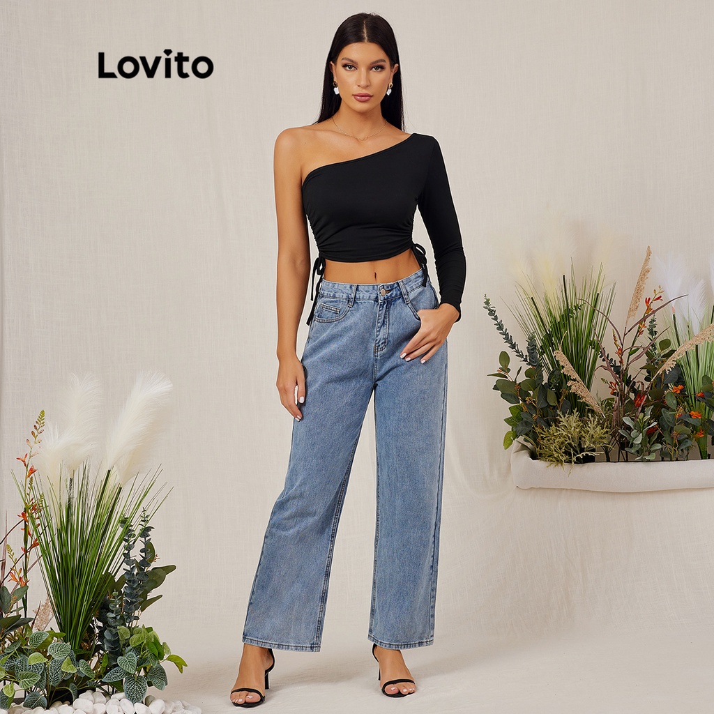 Áo thun Lovito tay dài trễ một bên vai bất đối xứng phối dây rút màu trơn mặc thường ngày L18D102 (Màu đen)