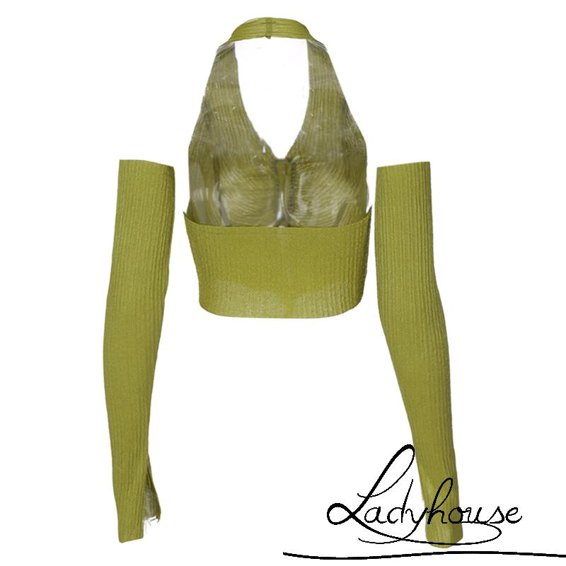 LD-Women´s Halter Crop Tank Tops, Sleeveless Solid Color Front Drawstring Camisole + Arm Sleeves